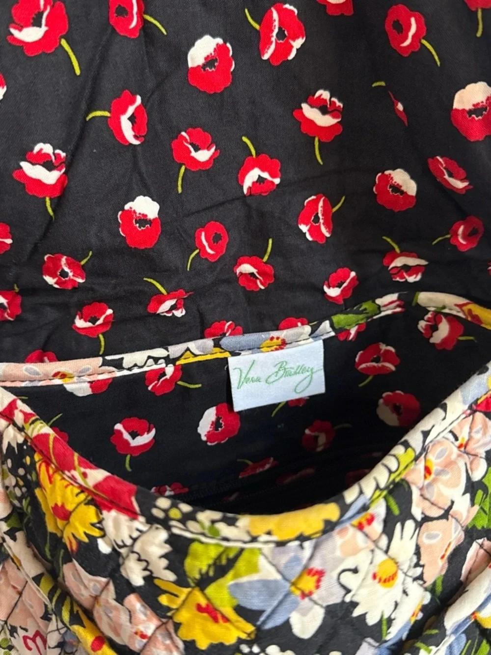 Vera Bradley Quilted Floral Shoulder Bag in Black, Red & Yellow